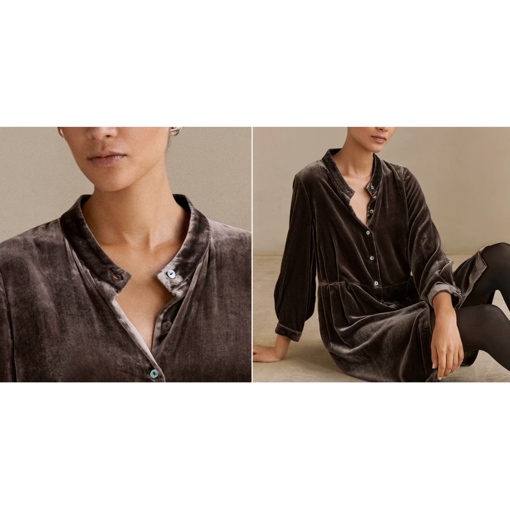 Poetry Velvet Dress UK 16 US 12 Gray Viscose Silk Long Sleeve Button Front
